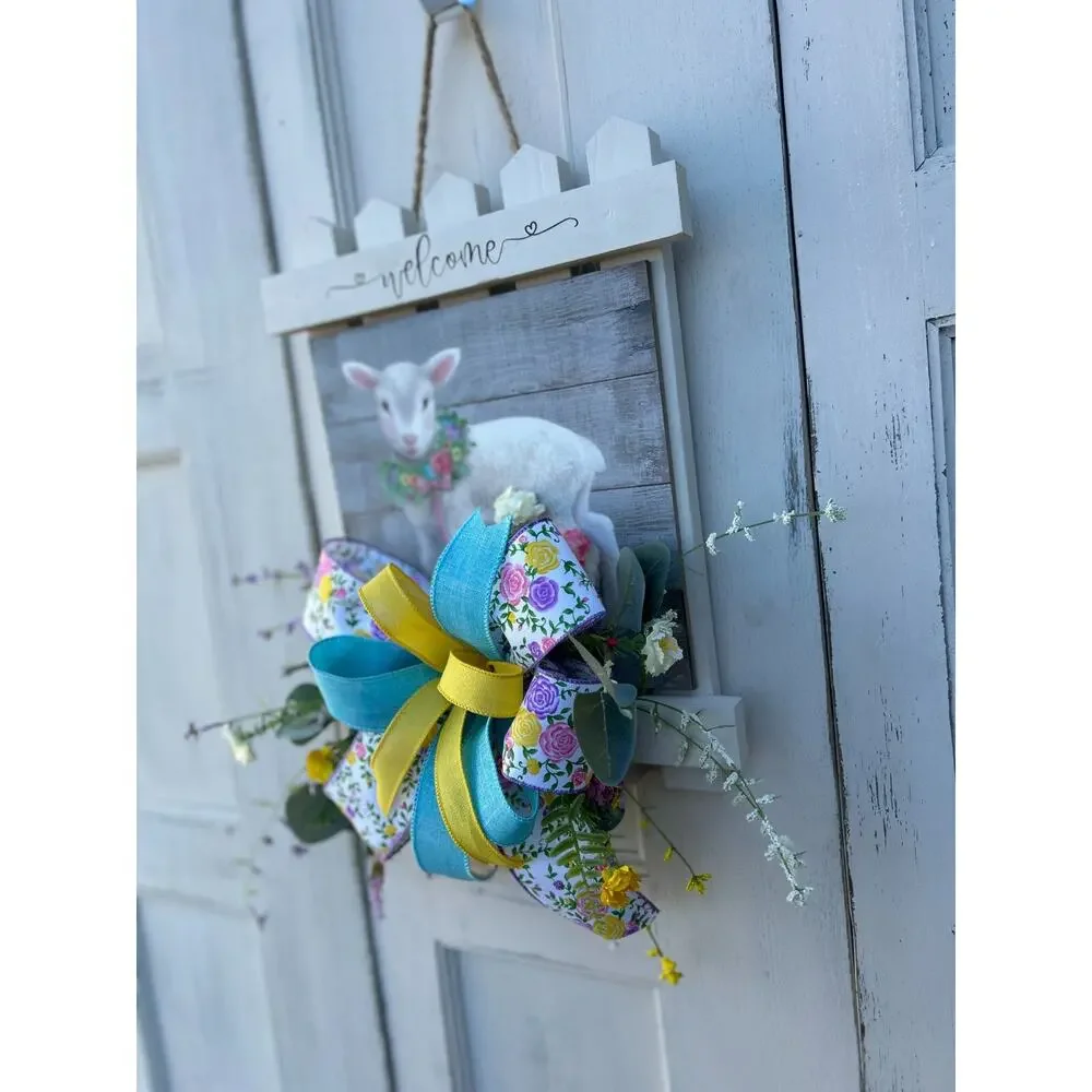 Easter Picket Fence Door Wreath with Lamb, Wood Porch Decoration, Floral Accents
